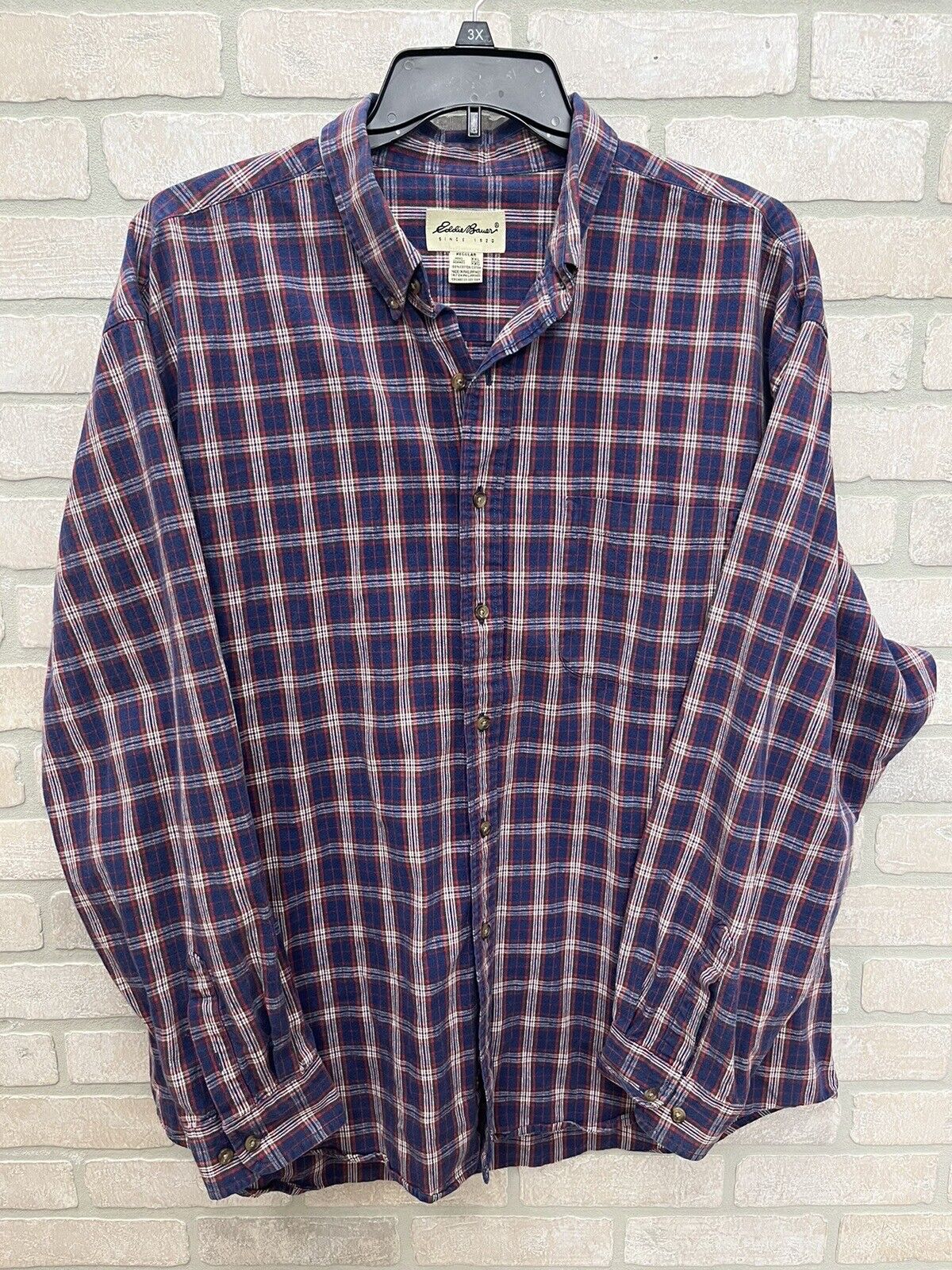 VINTAGE Eddie Bauer Heavy Blue Tartan Plaid Long Sleeve Button Up Shirt MensXL