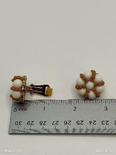 Vintage Signed HOBE White And Tan Milk Glass Flower Beaded Clip On Earrings