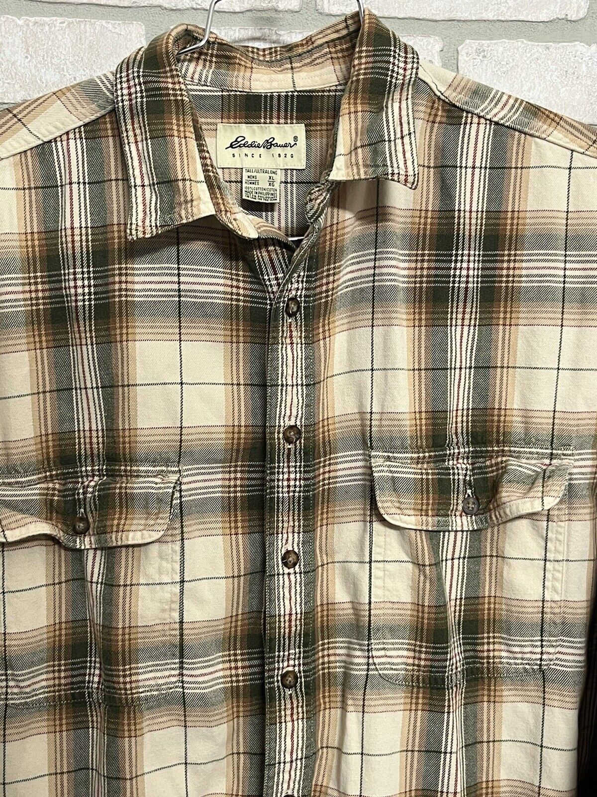 Eddie Bauer Flannel Shirt Mens XL Brown Plaid Button Up Long Sleeve Outdoor Work