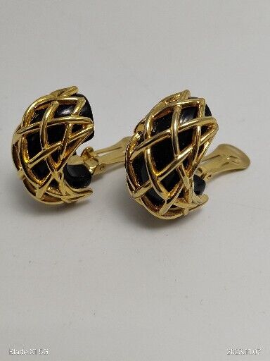 Vintage Signed Kenneth J Lane Gold Tone Caged Style Clip Earrings Black Acrylic