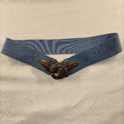 Vintage Omega USA Arrow Brass Buckle Blue Womens Belt Size 33" Stretch