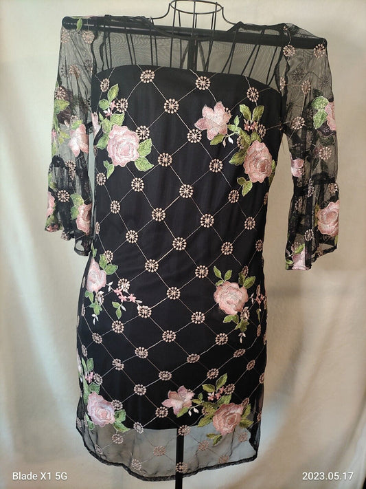 Size 10 Floral Dress Black Pink Sheer Madison Leigh spring summer embroidery