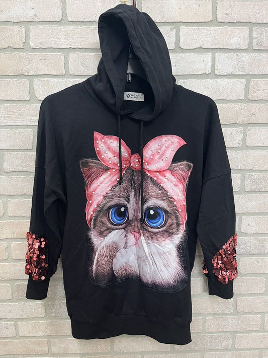 Kitty Pull Over Black Pink Hoodie Sweatshirt Size Med Women Cat Logo Sequins