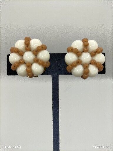 Vintage Signed HOBE White And Tan Milk Glass Flower Beaded Clip On Earrings