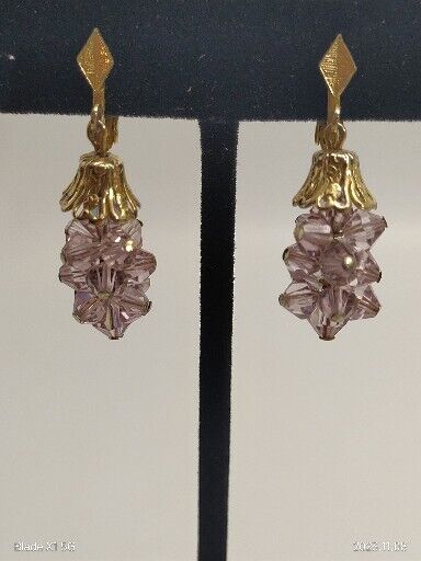 Vintage Dangle Lavender Crystal Gold Tone Cluster Clip Earrings Estate