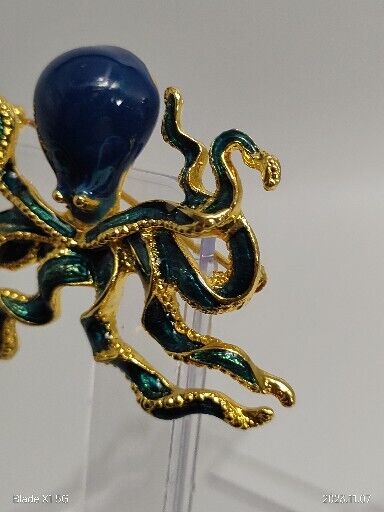 Vintage Signed MFA Museum of Fine Arts Octopus Enamel Brooch Pin Beach Teal Blue