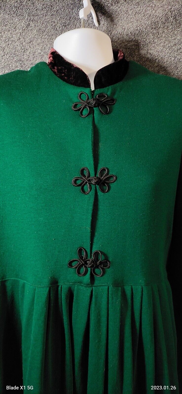 VTG USA Jessica Howard Green Puff Sleeve Velvet Collar Edwardian Modest Dress 12