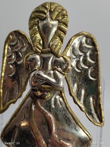 Vintage Signed SJ Supreme Jewelry Gold Tone Christmas Angel Metallic Brooch Pin