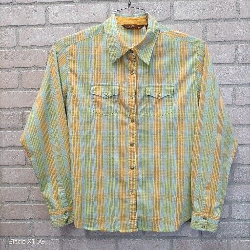 AURA by Wrangler Womens L Yellow Green Blue Plaid Pearl Snap Western Shirt READ