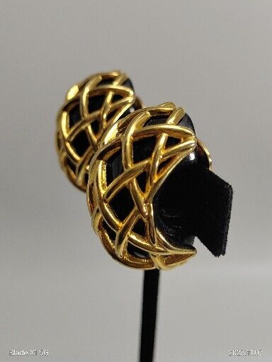 Vintage Signed Kenneth J Lane Gold Tone Caged Style Clip Earrings Black Acrylic