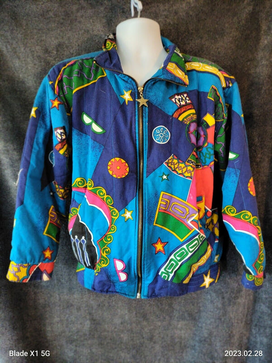 Vintage Hip Hop 80's Retro Style large Colorful Geometric Light zip up Jacket