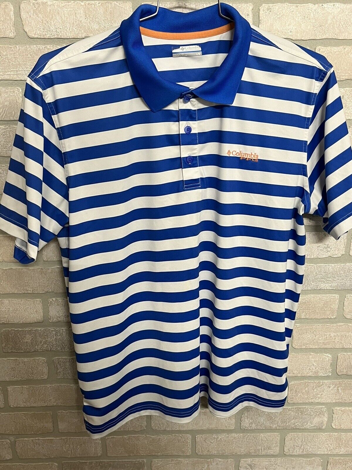 Columbia PFG Polo Shirt Mens Size L Blue Short Sleeve White Striped Golf Fishing