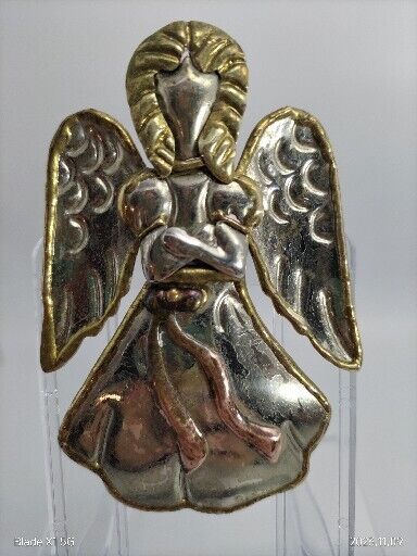 Vintage Signed SJ Supreme Jewelry Gold Tone Christmas Angel Metallic Brooch Pin