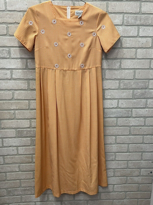 Vtg Sophia Rose Sz 10 Orange Daisy Check Midi Modest Dress Cottage Granny Core