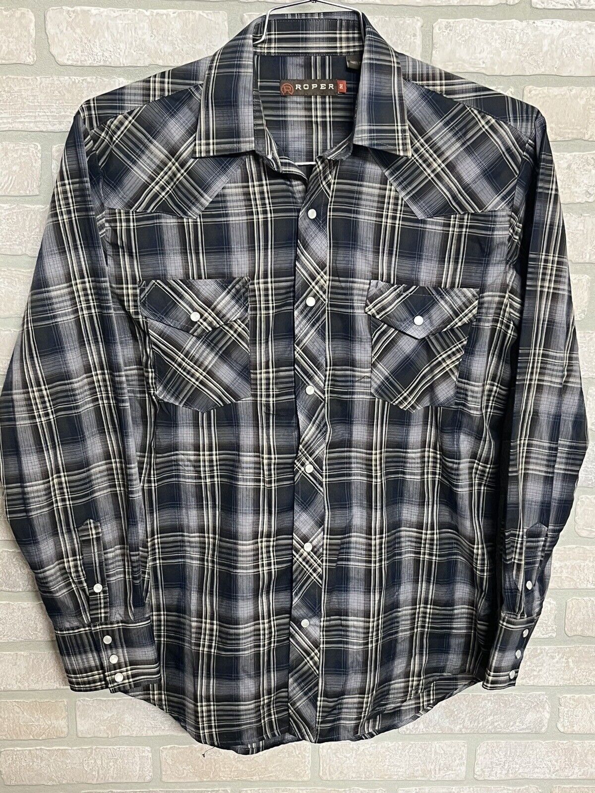 Roper Western Shirt Men’s Size M Long Sleeve Pearl Snaps Blue Plaid Pockets EUC