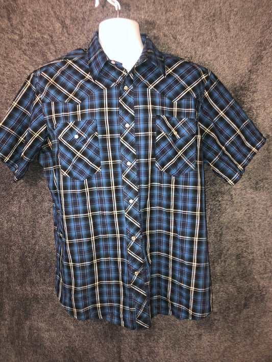 Wrangler Western Wear Pearl Snap Button Up Short Sleeve Shirt BluePlaid XL/XG/TG