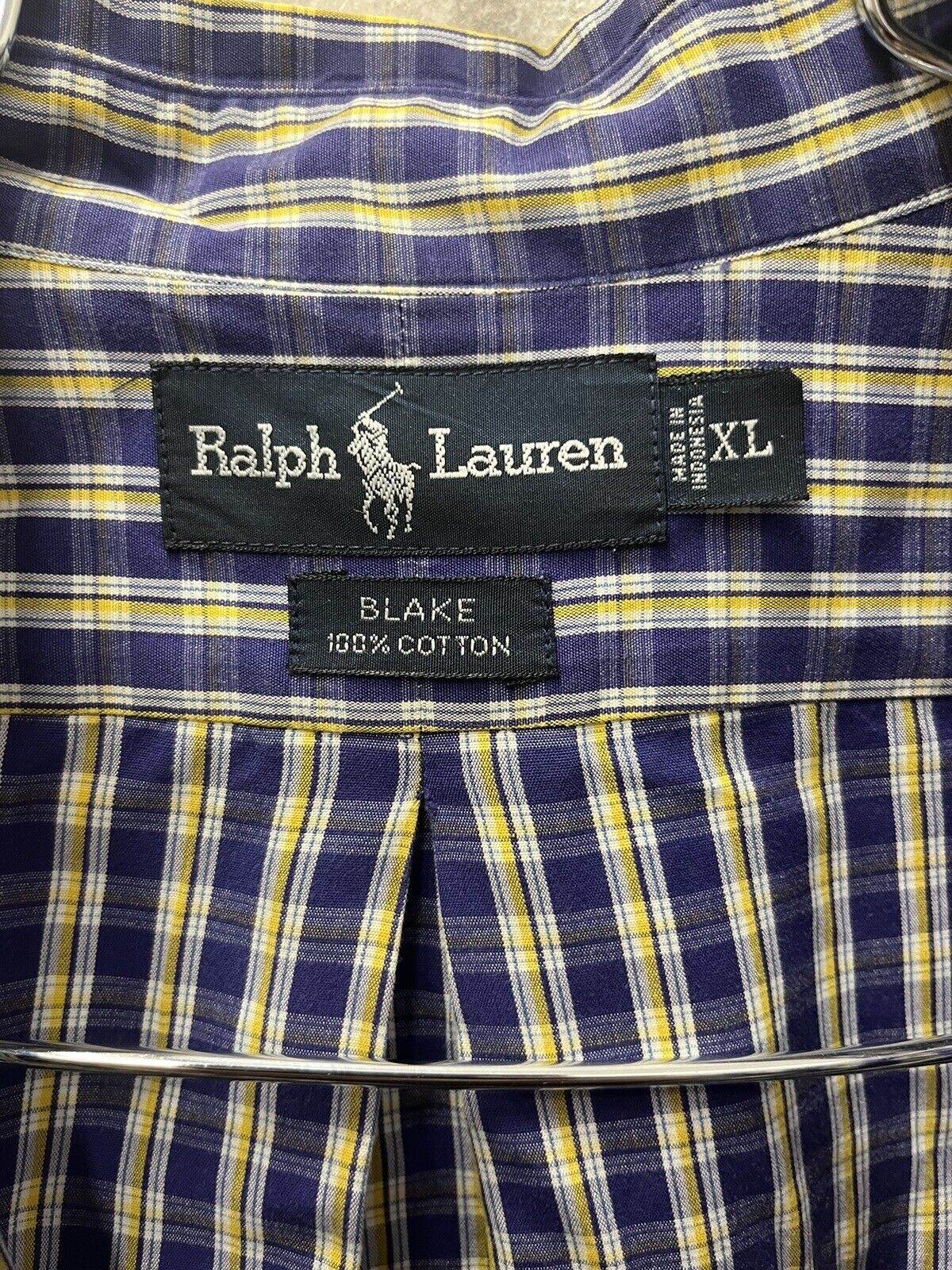 VTG Polo Ralph Lauren Shirt Mens Extra Large Button Up Blue Plaid Twill Blake XL