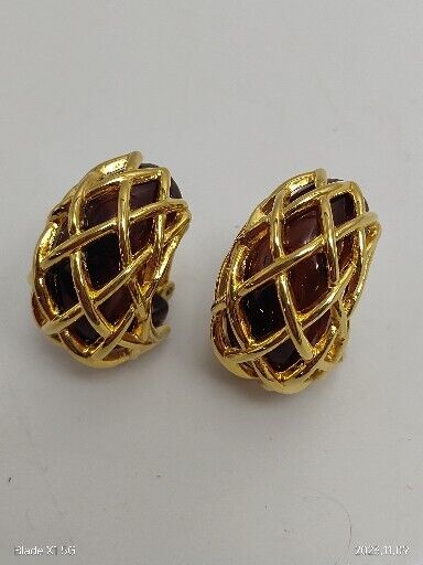 Vintage Signed Kenneth J Lane Brown Chunky Cage Hoops Gold Tone Clip Earrings