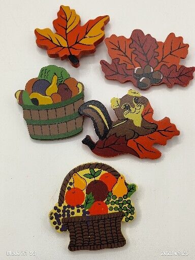 Five Wooden Thanksgiving Fall Brooches Pins Rustic Jewelry Squirrel Leaf Basket