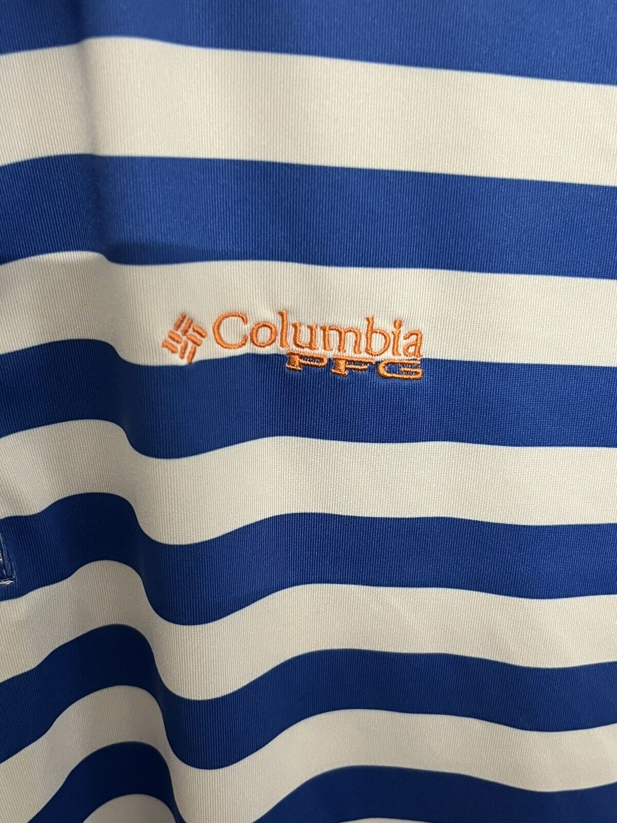 Columbia PFG Polo Shirt Mens Size L Blue Short Sleeve White Striped Golf Fishing