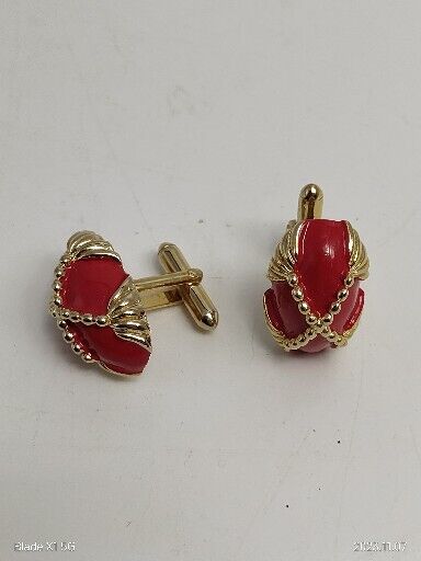 Vintage Red Mens Cufflinks Gold Tone Tasseled Chains Red Oval Stone Suit Shirt