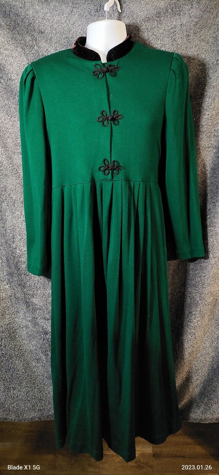 VTG USA Jessica Howard Green Puff Sleeve Velvet Collar Edwardian Modest Dress 12