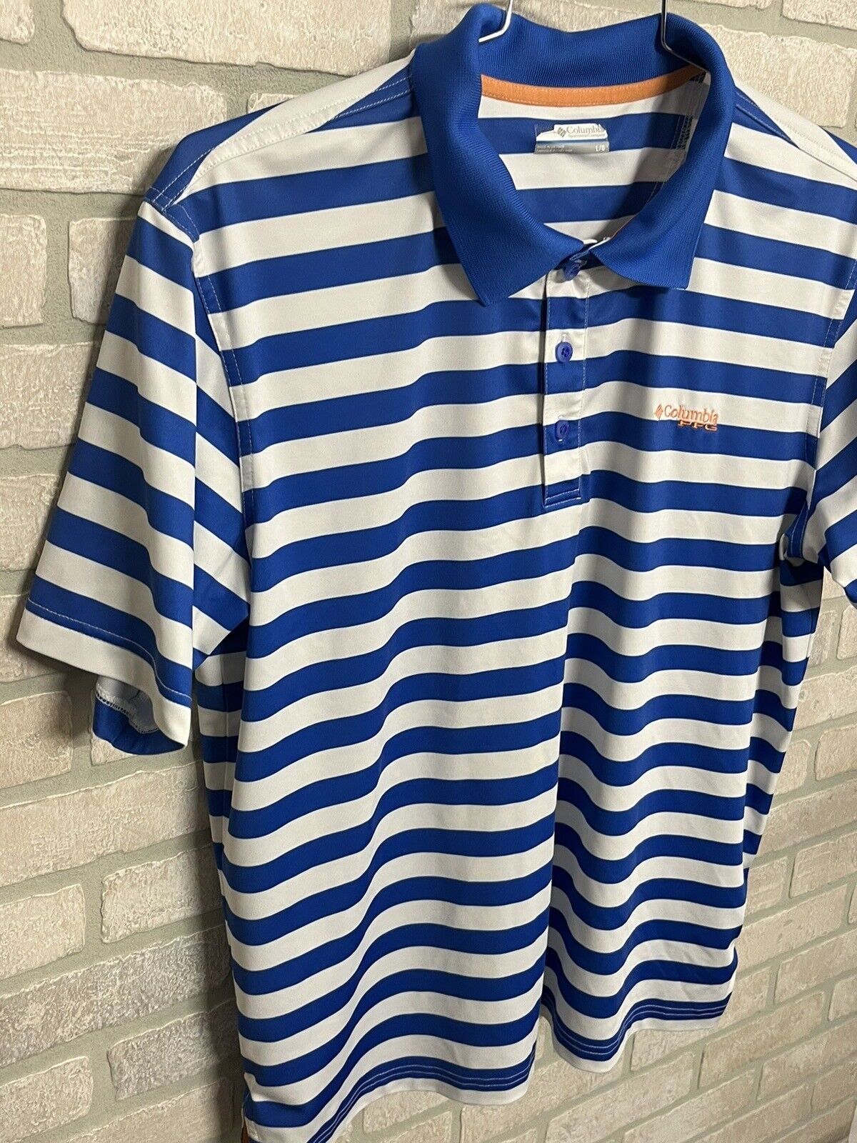 Columbia PFG Polo Shirt Mens Size L Blue Short Sleeve White Striped Golf Fishing