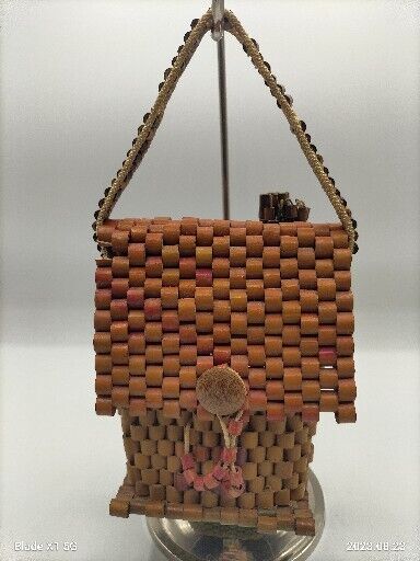 Cute Small Handmade Reed Wicker Wood tone Purse/ Handbag Shape Like A Cottage