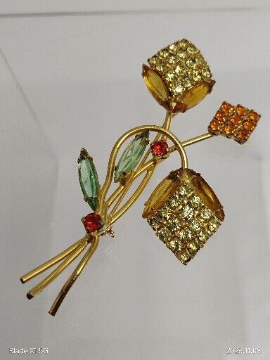 Vintage Topaz  Rhinestone Crystal Abstract Floral Navettes Brooch Pin Art Deco