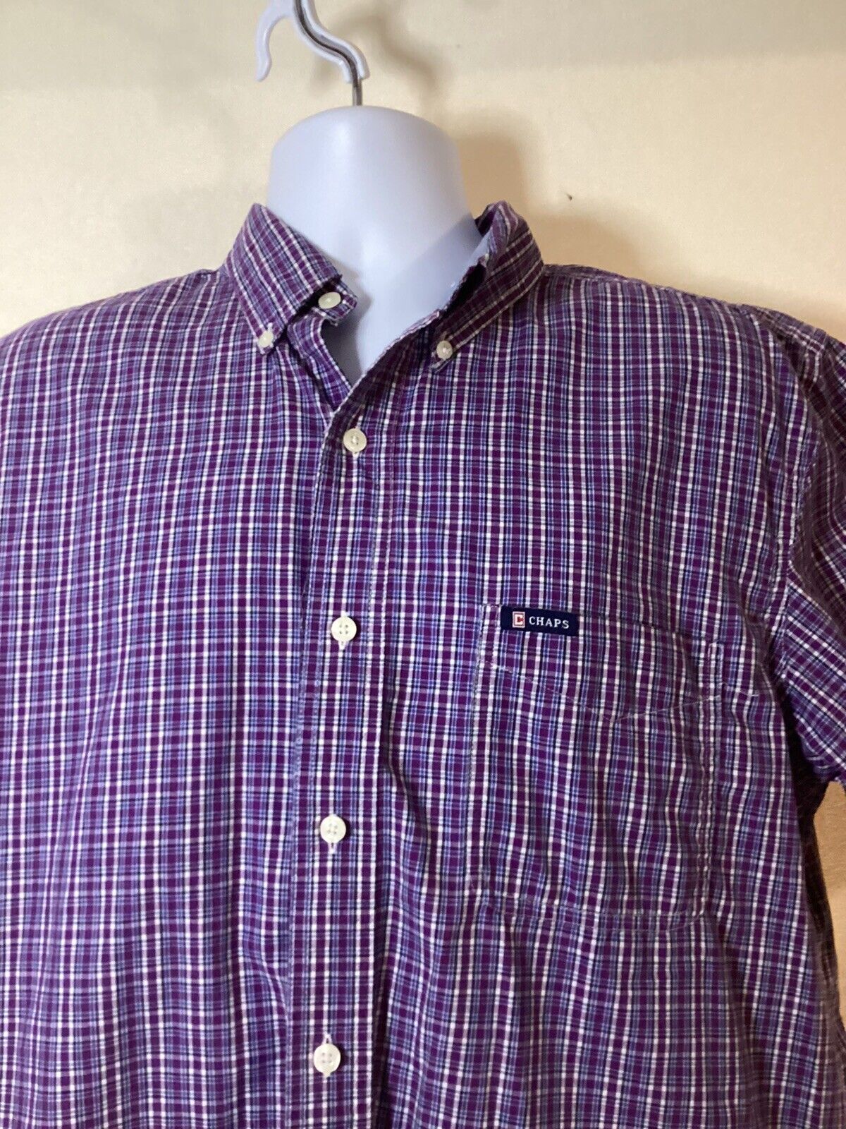 Chaps Button Up Shirt Mens Large Purple Casual Short Sleeve Easy Care