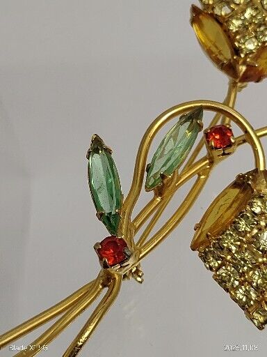 Vintage Topaz  Rhinestone Crystal Abstract Floral Navettes Brooch Pin Art Deco