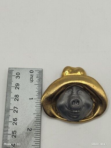 Vintage Pig Hog In Hat Brooch Pin Gold Silver Pewter Two Toned Fisherman