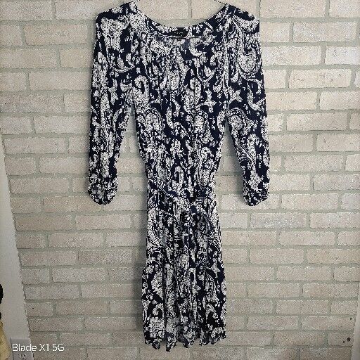 TALBOTS Flounce Hem Midi Floral Medium Dress Blue White Paisley With Belt