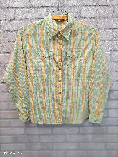 AURA by Wrangler Womens L Yellow Green Blue Plaid Pearl Snap Western Shirt READ