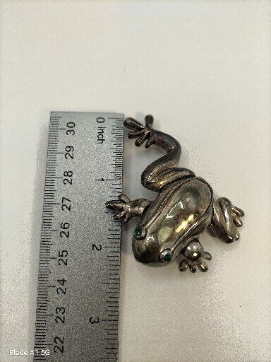 Vintage Silver Tone Frog Toad Brooch Pin Pendant Green Rhinestone Eyes