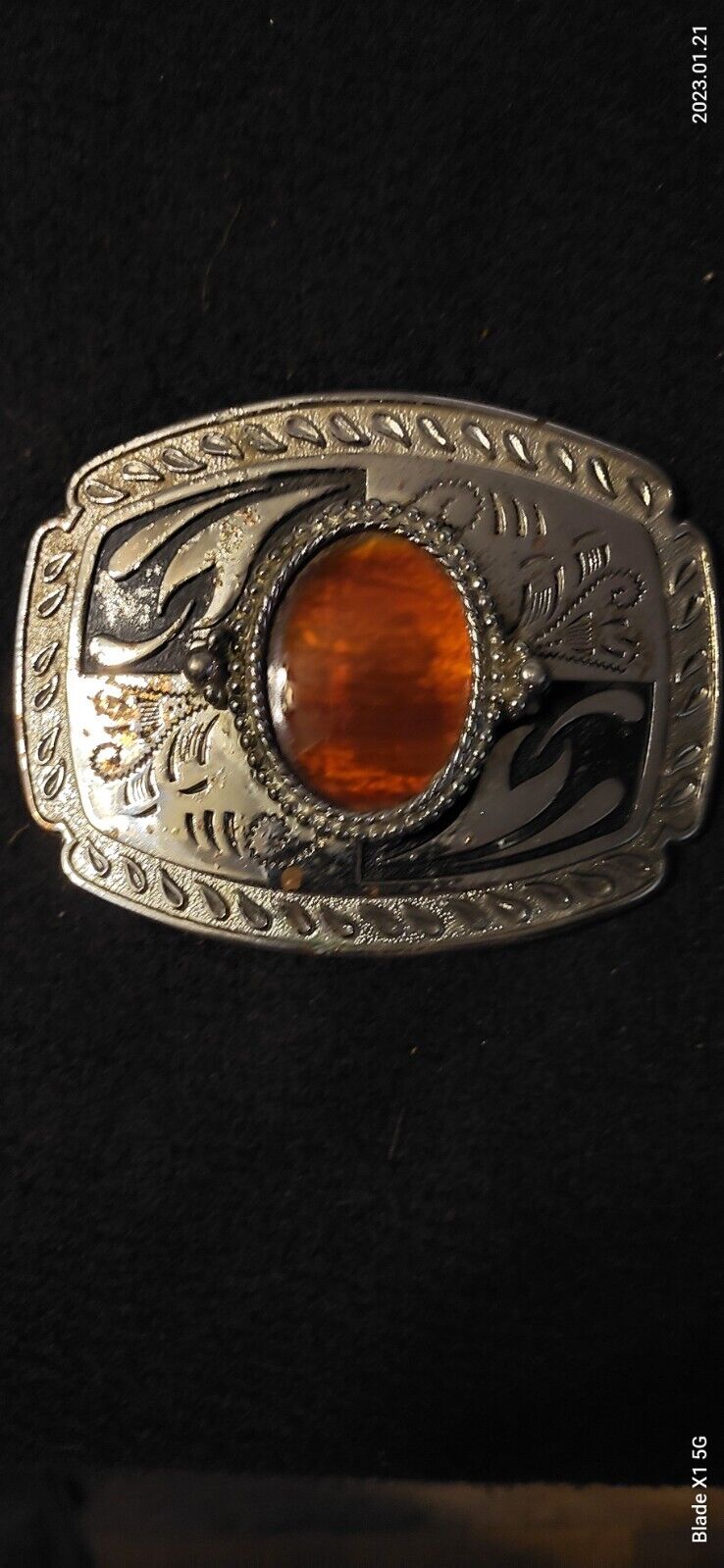 Vintage Western Silver Tone Belt Buckle With Brownish Red Stone