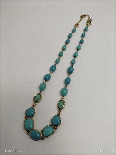 Vintage Signed Monet Teal Beaded Gold Tone Necklace Two Stones Glow