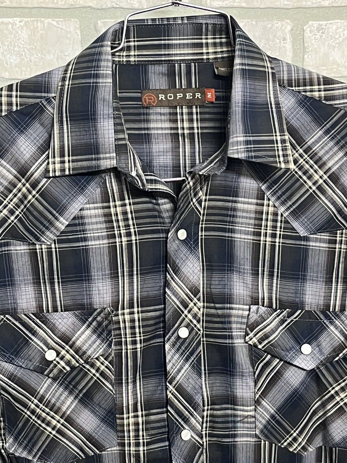 Roper Western Shirt Men’s Size M Long Sleeve Pearl Snaps Blue Plaid Pockets EUC