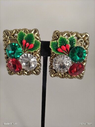 Vintage Kitchy Christmas Red Green Clear Rhinestone Goldtone Clip Earrings