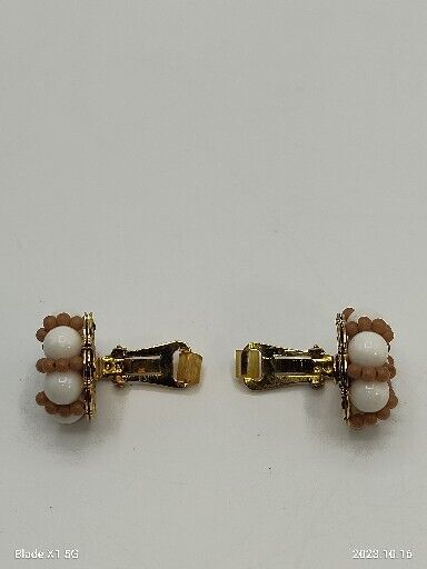 Vintage Signed HOBE White And Tan Milk Glass Flower Beaded Clip On Earrings