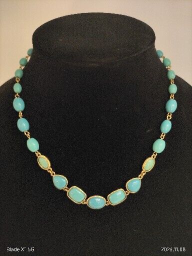 Vintage Signed Monet Teal Beaded Gold Tone Necklace Two Stones Glow