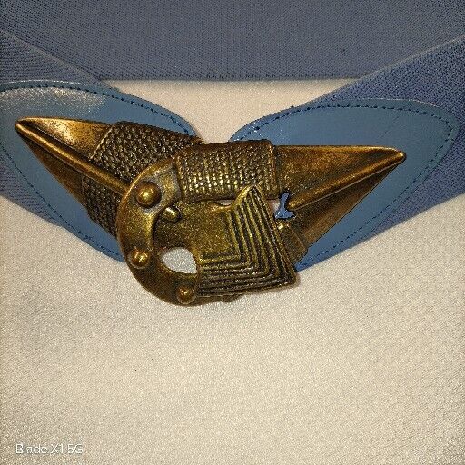 Vintage Omega USA Arrow Brass Buckle Blue Womens Belt Size 33" Stretch