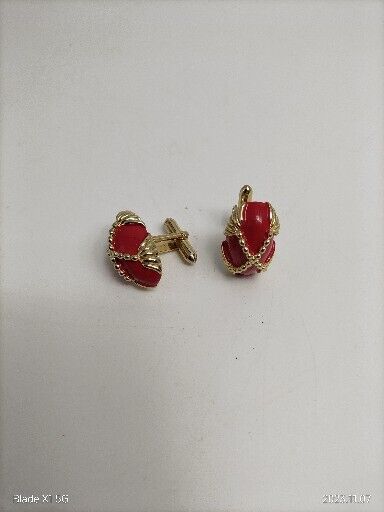 Vintage Red Mens Cufflinks Gold Tone Tasseled Chains Red Oval Stone Suit Shirt