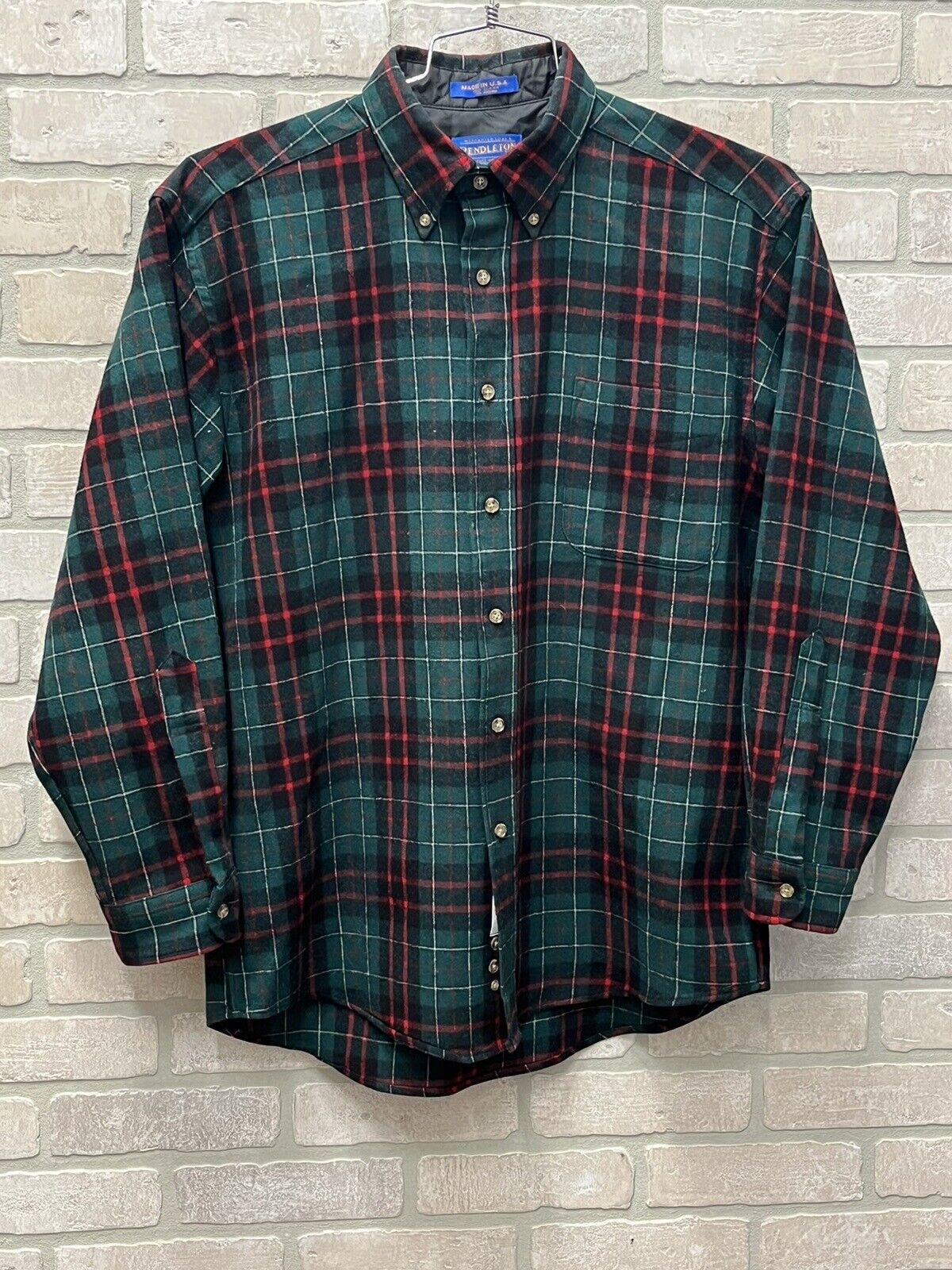 VTG Pendleton Flannel Shirt Mens M Green Plaid Virgin Wool Beach Boys Made USA