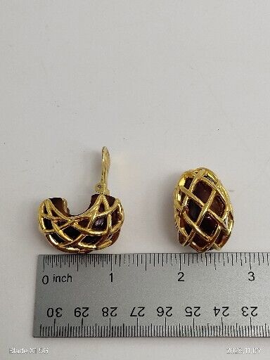 Vintage Signed Kenneth J Lane Brown Chunky Cage Hoops Gold Tone Clip Earrings