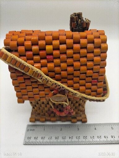 Cute Small Handmade Reed Wicker Wood tone Purse/ Handbag Shape Like A Cottage