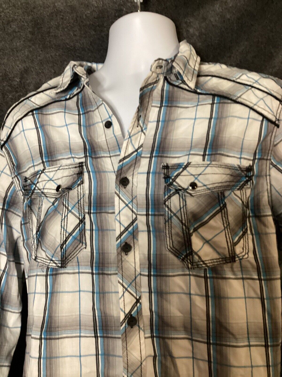 Black ￼￼blue Western ￼wear Plaid Long Sleeve Button Down Shirt Men M Casual