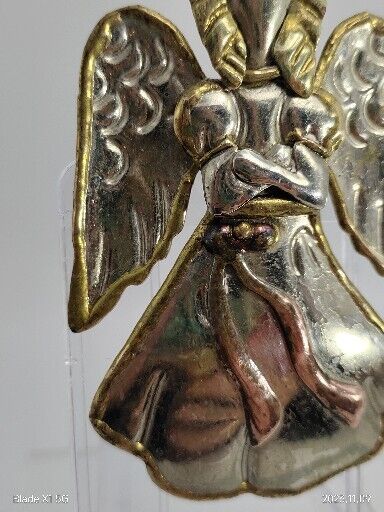 Vintage Signed SJ Supreme Jewelry Gold Tone Christmas Angel Metallic Brooch Pin