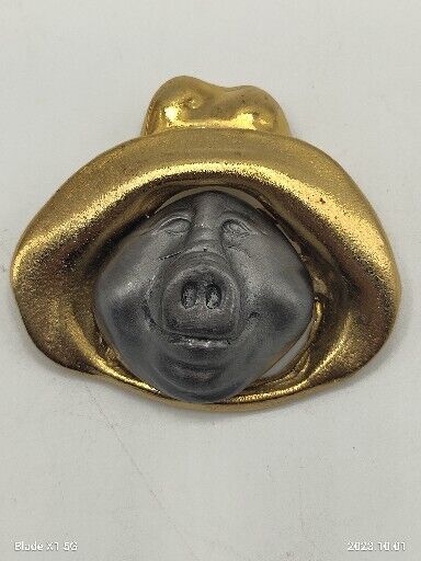 Vintage Pig Hog In Hat Brooch Pin Gold Silver Pewter Two Toned Fisherman