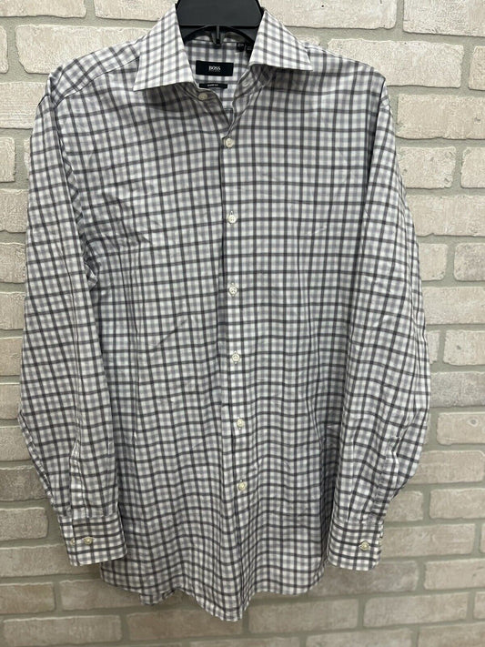 Hugo Boss Shirt Mens 16 1/2 32/33  Gray Plaid Sharp Fit Long Sleeve Button Up